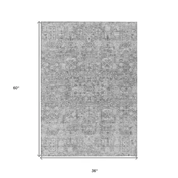 3' X 5' Gray Silver And Charcoal Floral Washable Indoor Outdoor Area Rug