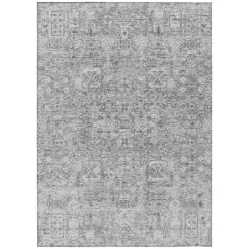 5' X 8' Gray Silver And Charcoal Floral Washable Indoor Outdoor Area Rug