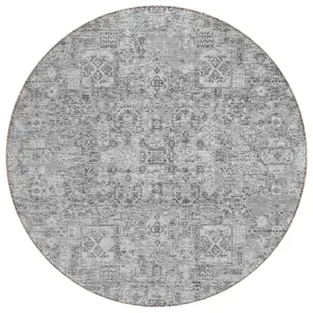 8' Gray Silver And Charcoal Round Floral Washable Indoor Outdoor Area Rug