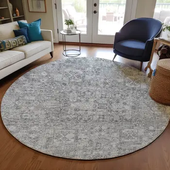 8' Gray Silver And Charcoal Round Floral Washable Indoor Outdoor Area Rug