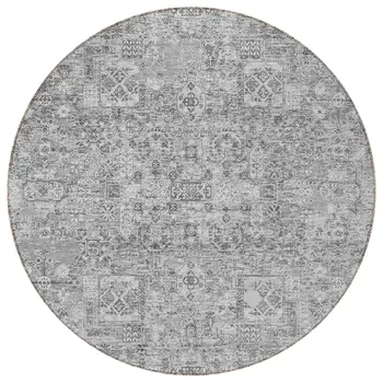 8' Gray Silver And Charcoal Round Floral Washable Indoor Outdoor Area Rug
