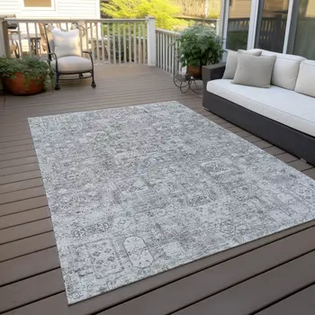 8' X 10' Gray Silver And Charcoal Floral Washable Indoor Outdoor Area Rug