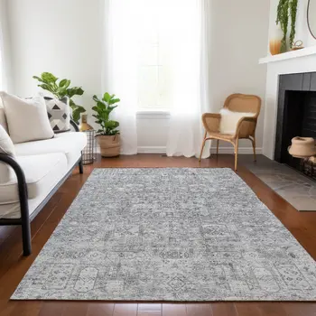 8' X 10' Gray Silver And Charcoal Floral Washable Indoor Outdoor Area Rug