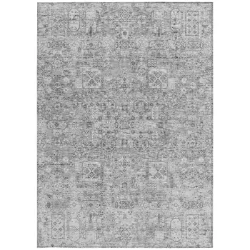 9' X 12' Gray Silver And Charcoal Floral Washable Indoor Outdoor Area Rug