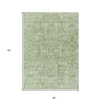 3' X 5' Artichoke Green And Olive Green Floral Washable Indoor Outdoor Area Rug