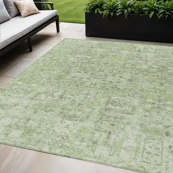5' X 8' Artichoke Green And Olive Green Floral Washable Indoor Outdoor Area Rug