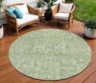 8' Artichoke Green And Olive Green Round Floral Washable Indoor Outdoor Area Rug