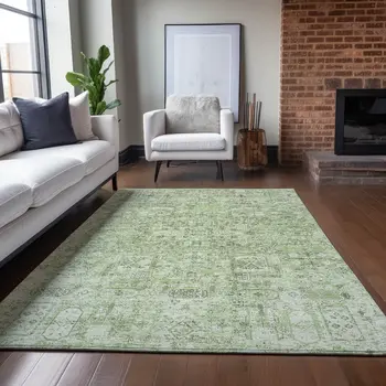 9' X 12' Artichoke Green And Olive Green Floral Washable Indoor Outdoor Area Rug