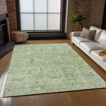 9' X 12' Artichoke Green And Olive Green Floral Washable Indoor Outdoor Area Rug