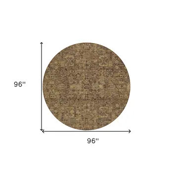 8' Brown And Taupe Round Floral Washable Indoor Outdoor Area Rug