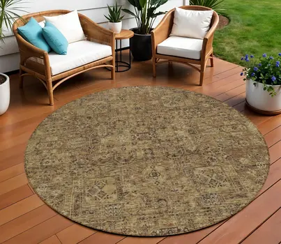 8' Brown And Taupe Round Floral Washable Indoor Outdoor Area Rug