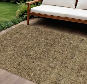 9' X 12' Brown And Taupe Floral Washable Indoor Outdoor Area Rug