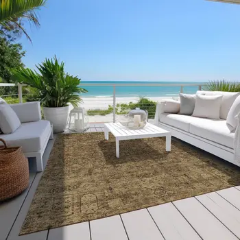 9' X 12' Brown And Taupe Floral Washable Indoor Outdoor Area Rug