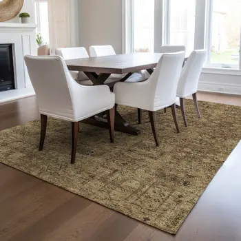 9' X 12' Brown And Taupe Floral Washable Indoor Outdoor Area Rug