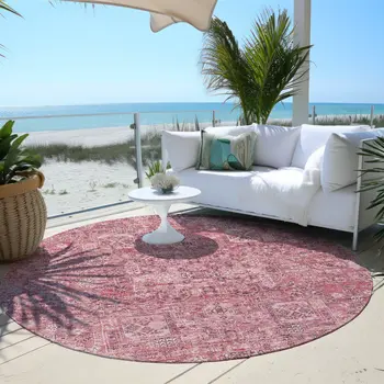 8' Pink Blush And Charcoal Round Floral Washable Indoor Outdoor Area Rug