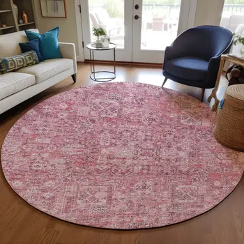 8' Pink Blush And Charcoal Round Floral Washable Indoor Outdoor Area Rug