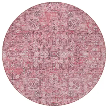 8' Pink Blush And Charcoal Round Floral Washable Indoor Outdoor Area Rug