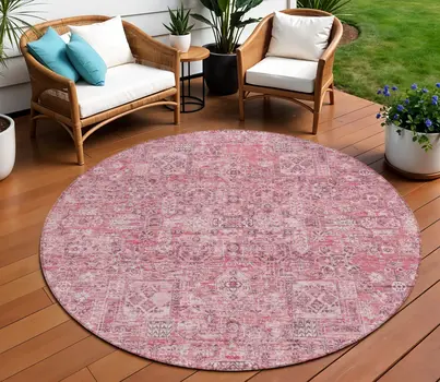 8' Pink Blush And Charcoal Round Floral Washable Indoor Outdoor Area Rug