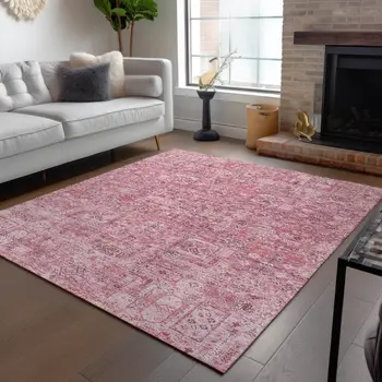 9' X 12' Pink Blush And Charcoal Floral Washable Indoor Outdoor Area Rug