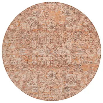 8' Salmon Orange And Gray Round Floral Washable Indoor Outdoor Area Rug