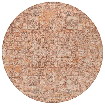8' Salmon Orange And Gray Round Floral Washable Indoor Outdoor Area Rug