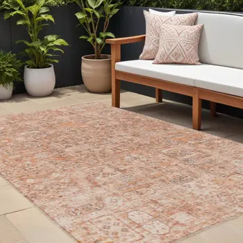 8' X 10' Salmon Orange And Gray Floral Washable Indoor Outdoor Area Rug