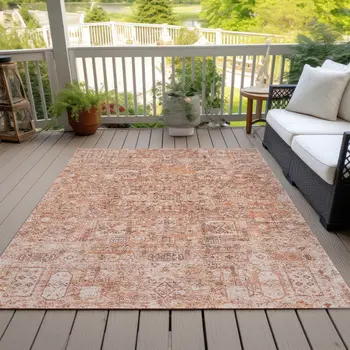 9' X 12' Salmon Orange And Gray Floral Washable Indoor Outdoor Area Rug