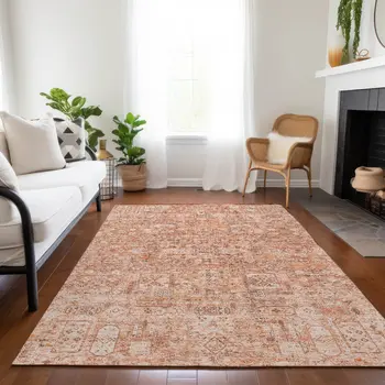 10' X 14' Salmon Orange And Gray Floral Washable Indoor Outdoor Area Rug