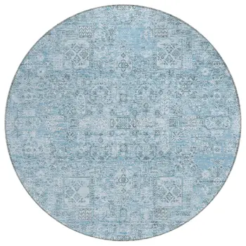 8' Sky Blue And Denim Blue Round Floral Washable Indoor Outdoor Area Rug