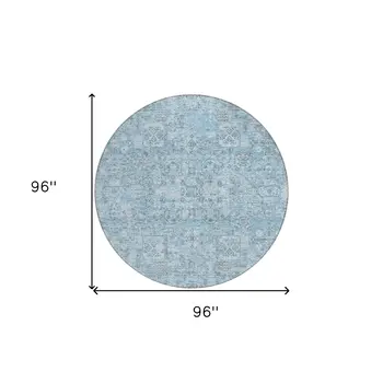 8' Sky Blue And Denim Blue Round Floral Washable Indoor Outdoor Area Rug