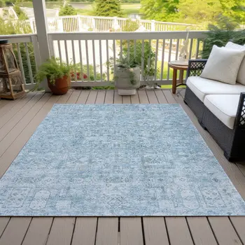 9' X 12' Sky Blue And Denim Blue Floral Washable Indoor Outdoor Area Rug