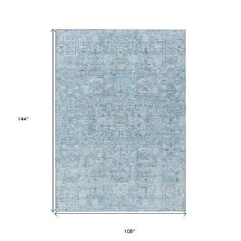 9' X 12' Sky Blue And Denim Blue Floral Washable Indoor Outdoor Area Rug