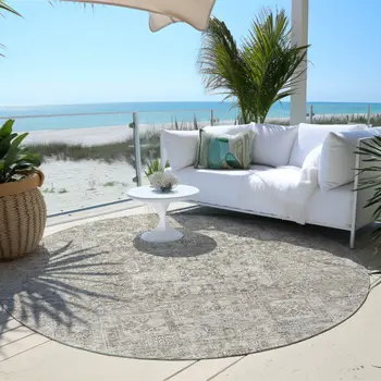 8' Taupe Beige And Gray Round Floral Washable Indoor Outdoor Area Rug