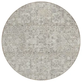 8' Taupe Beige And Gray Round Floral Washable Indoor Outdoor Area Rug