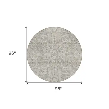 8' Taupe Beige And Gray Round Floral Washable Indoor Outdoor Area Rug