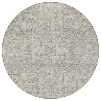 8' Taupe Beige And Gray Round Floral Washable Indoor Outdoor Area Rug