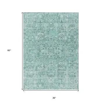 3' X 5' Teal Blue Aqua And Gray Floral Washable Indoor Outdoor Area Rug