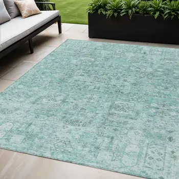 5' X 8' Teal Blue Aqua And Gray Floral Washable Indoor Outdoor Area Rug