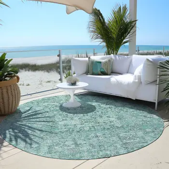 8' Teal Blue Aqua And Gray Round Floral Washable Indoor Outdoor Area Rug