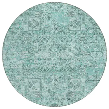 8' Teal Blue Aqua And Gray Round Floral Washable Indoor Outdoor Area Rug
