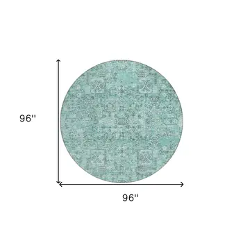 8' Teal Blue Aqua And Gray Round Floral Washable Indoor Outdoor Area Rug