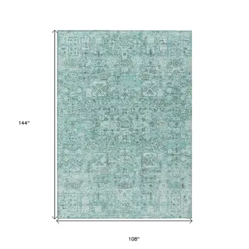 9' X 12' Teal Blue Aqua And Gray Floral Washable Indoor Outdoor Area Rug