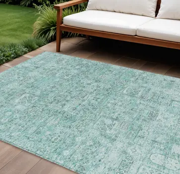 10' X 14' Teal Blue Aqua And Gray Floral Washable Indoor Outdoor Area Rug