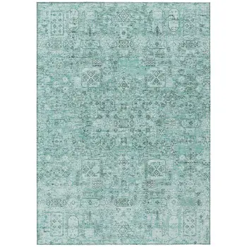 10' X 14' Teal Blue Aqua And Gray Floral Washable Indoor Outdoor Area Rug