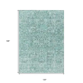 10' X 14' Teal Blue Aqua And Gray Floral Washable Indoor Outdoor Area Rug