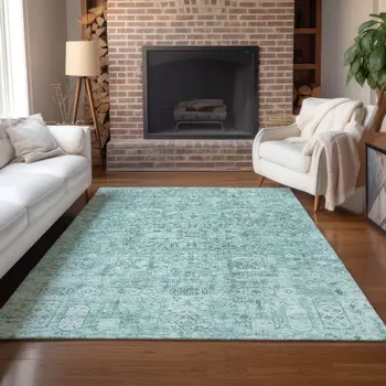 10' X 14' Teal Blue Aqua And Gray Floral Washable Indoor Outdoor Area Rug