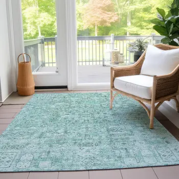 10' X 14' Teal Blue Aqua And Gray Floral Washable Indoor Outdoor Area Rug