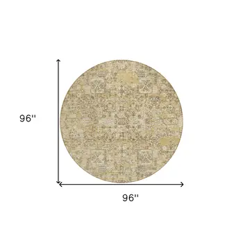 8' Wheat Beige And Gray Round Floral Washable Indoor Outdoor Area Rug