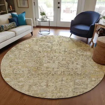 8' Wheat Beige And Gray Round Floral Washable Indoor Outdoor Area Rug