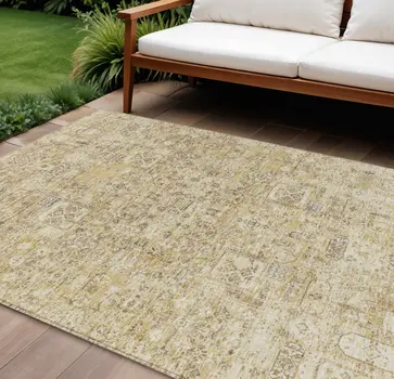 8' X 10' Wheat Beige And Gray Floral Washable Indoor Outdoor Area Rug